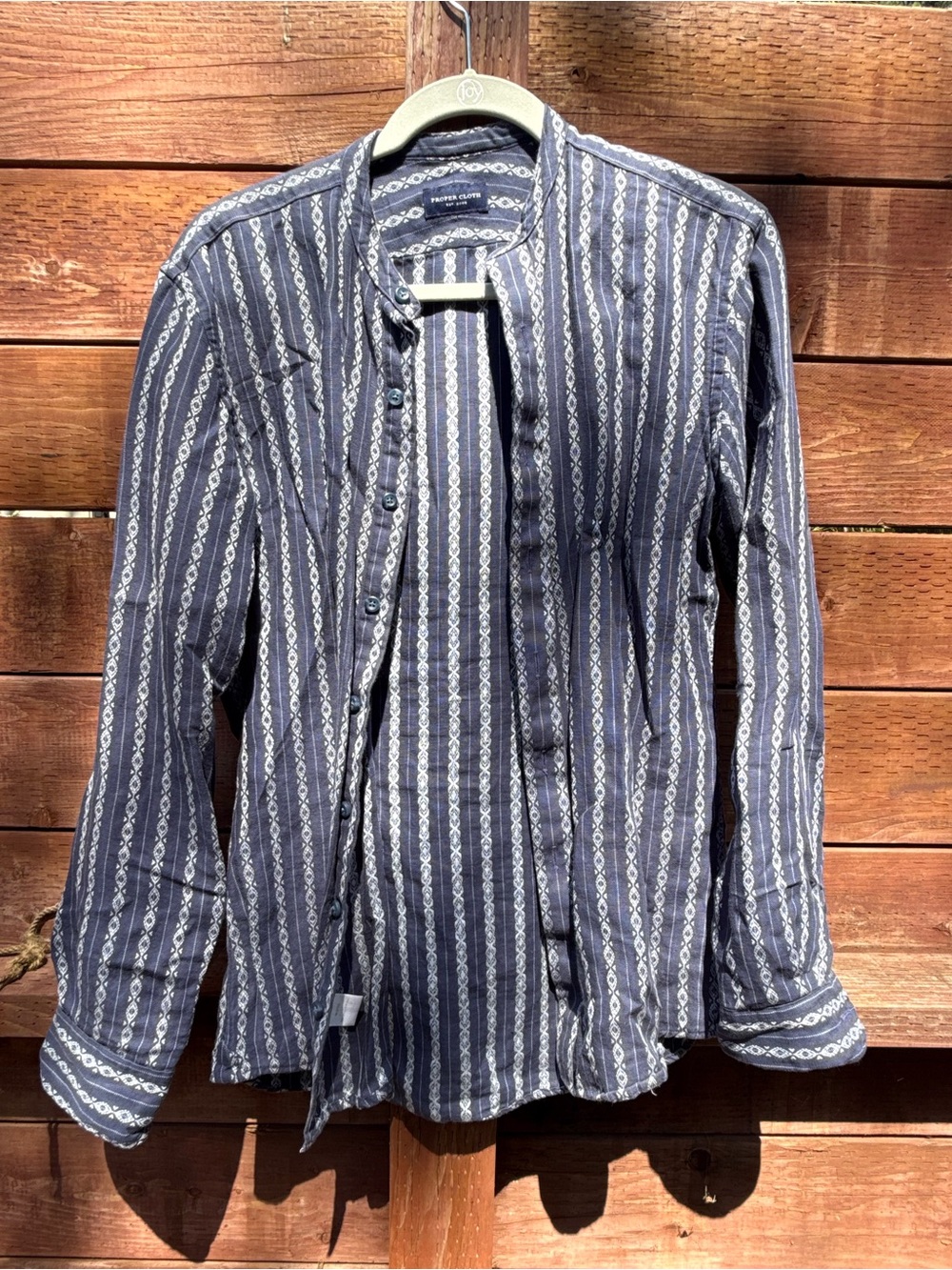 Women's Navy Patterned Button-Down Shirt Linen and Cotton
